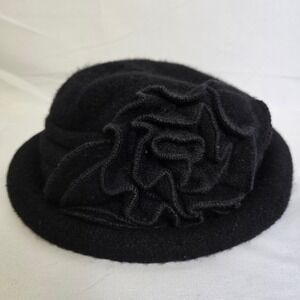 Adora‎ 100% Wool Cloche Hat w/ Ruffled Flower Detail, Black, One Size